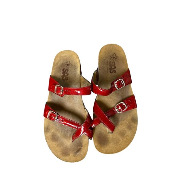 SAS Shelly Toe Loop Red Patent Leather Sandals Women’s 8M Comfort Orthotic Slip - Picture 4 of 10